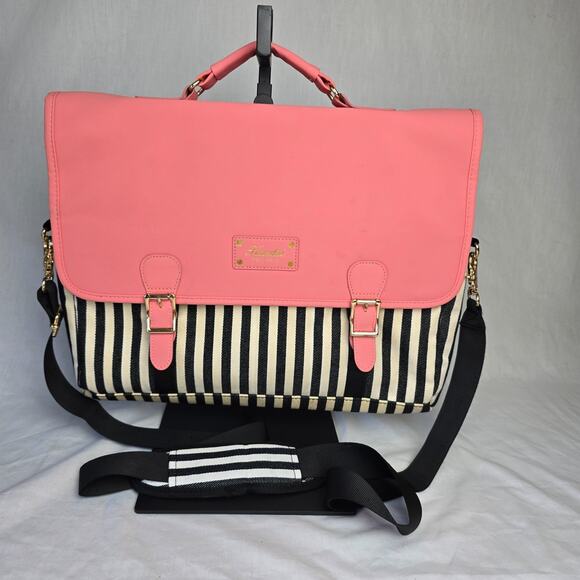 Kamliu Laptop Messenger Bag Pink w/ Black & Off White Stripes 16" x 12" x 2.5" - Picture 1 of 14